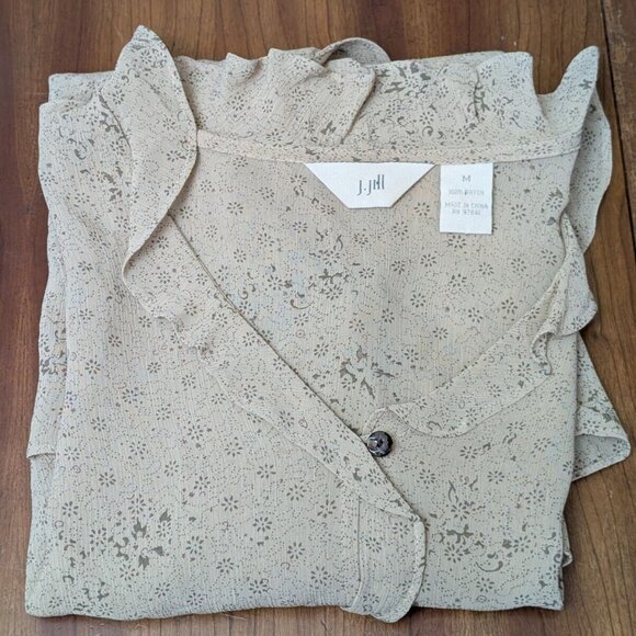 J.Jill Tan Button-Up Top Women's M Rayon Sheer Blouse Floral L/S Fairy Whimsy - Picture 15 of 16